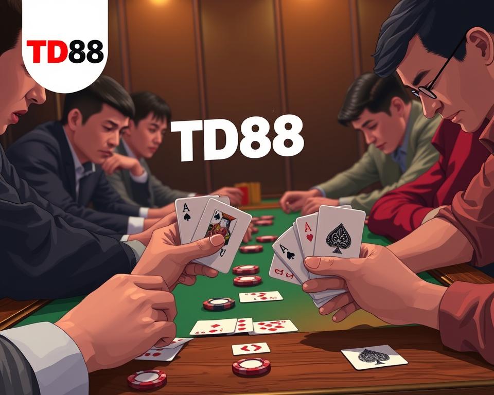 A classic game of xì dách is played on a wooden table, surrounded by players intent on their cards. The deck is shuffled, the cards dealt, and the players scrutinize their hands, brows furrowed in concentration. The room is dimly lit, casting a warm, atmospheric glow, while the TD88 logo stands out prominently, a symbol of the online platform where this game is often played. In the foreground, the player's hands delicately hold their cards, the intricate designs and suits evident. The middle ground features the table's surface, with casino-style green felt and the scattered chips and cards. In the background, the other players lean in, their faces obscured, creating a sense of mystery and anticipation. The overall mood is one of strategic focus, with a touch of excitement and the thrill of the game.