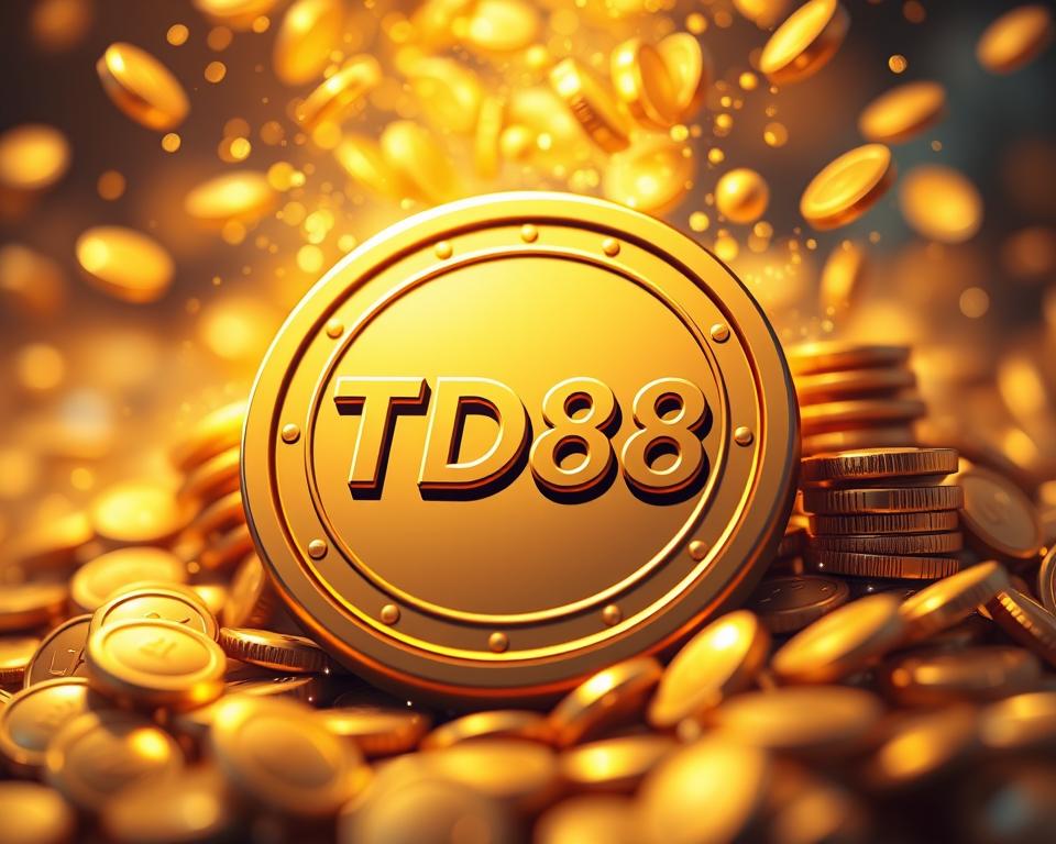 A close-up shot of a golden coin with the text "TD88" emblazoned on its surface, surrounded by a mesmerizing array of glowing, cascading coins and shimmering particle effects. The coins appear to be spilling out from the central coin, creating a visually striking and dynamic composition that suggests the thrill and excitement of a "free spin nổ hũ" experience. The lighting is soft and diffused, casting a warm, golden glow over the scene, and the depth of field is shallow, allowing the main elements to stand out in sharp focus against a blurred, dreamlike background.