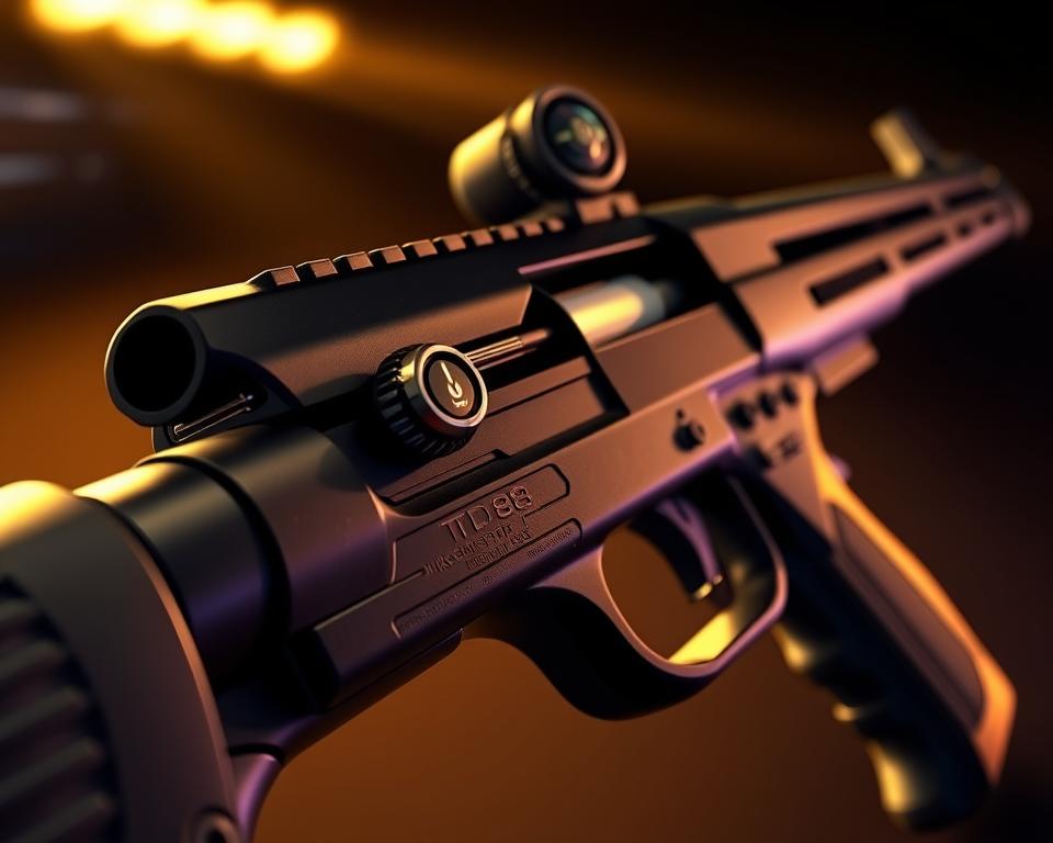 A close-up view of a high-quality, state-of-the-art "súng bắn cá" (fishing gun) from the TD88 brand. The gun is sleekly designed with a matte black finish and ergonomic grip. Intricate mechanical details are visible, showcasing the craftsmanship and precision engineering. The barrel is long and tapered, optimized for accurate shots at distant targets. Powerful LED lights illuminate the scene, casting a warm glow and creating dramatic shadows that highlight the gun's sharp lines and contours. The overall impression is one of a sophisticated, high-performance tool designed for serious anglers seeking to land the biggest catches with ease and efficiency.