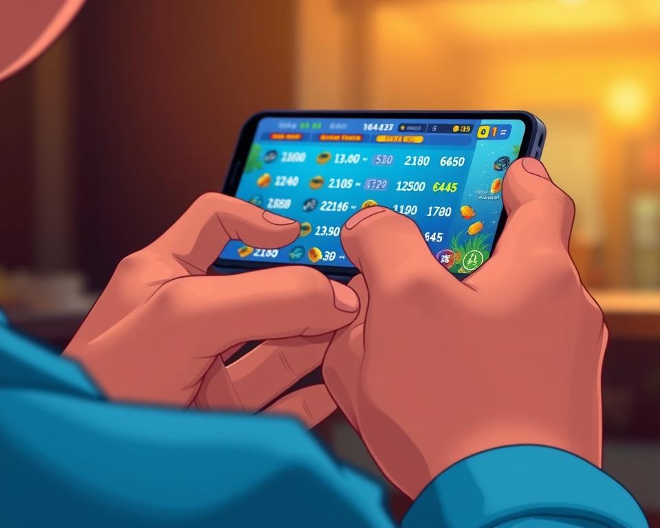 A close-up view of a person's hands carefully managing their finances while playing the mobile game "TD88 Fishing". The screen shows the game interface, with vibrant underwater scenes and animated fish. The player's fingers delicately tap the screen, adjusting their bet amounts and monitoring their winnings. The background is slightly blurred, emphasizing the focus on the player's financial strategy. Soft, warm lighting illuminates the scene, creating a sense of concentration and control. The overall atmosphere conveys the careful balance of risk and reward when playing the "TD88 Fishing" game.