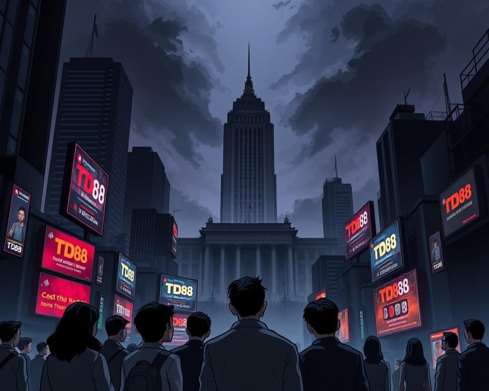 A dark, ominous cityscape with towering skyscrapers and neon-lit billboards advertising the TD88 gaming platform. In the foreground, a group of anxious-looking people gather, discussing the impact of Decree 147/2024/ND-CP on the online card gaming industry. The middle ground features a large, looming government building, casting an oppressive shadow over the scene. The background is hazy, with a sense of unease and uncertainty permeating the atmosphere. Dramatic chiaroscuro lighting accentuates the contrasts, creating a sense of tension and foreboding. The overall composition conveys the weight and gravity of the regulatory changes and their effects on the thriving TD88 gaming market.
