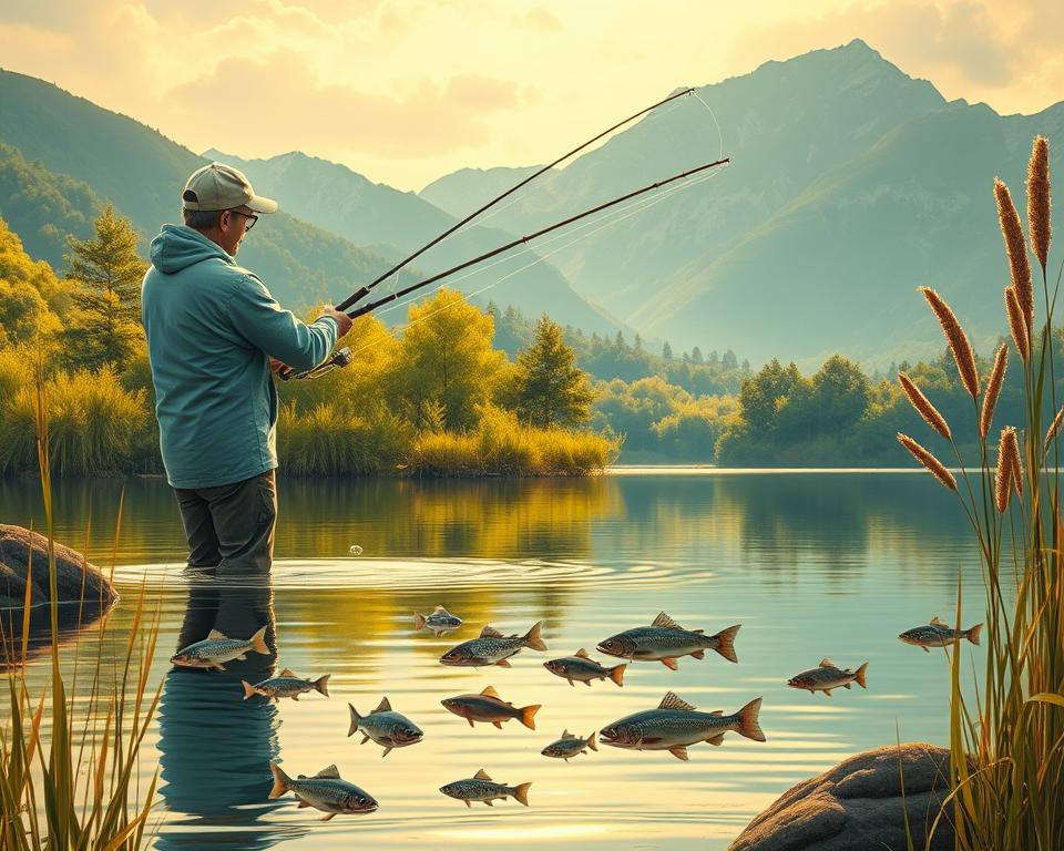 A detailed and realistic fishing scene showcasing the most effective fishing techniques. Set in a serene lakeside environment, the image depicts a skilled angler expertly casting their line with precision, using the latest TD88 fishing gear. The foreground focuses on the angler's fluid motion and the line cutting through the still water, while the middle ground features a variety of fish species swimming below the surface. The background includes a lush, verdant landscape with tall reeds and a picturesque mountain range in the distance, all bathed in warm, golden lighting that creates a tranquil and immersive atmosphere.