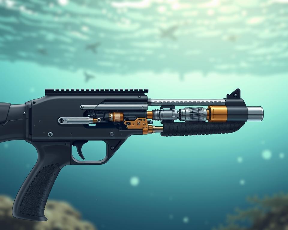 A detailed, cross-sectional illustration of the internal mechanism and components of a TD88 specialized fishing gun. The foreground features the gun's exterior, showcasing its sleek, ergonomic design with a matte black finish. The middle ground reveals the gun's internal structure, highlighting the intricate assembly of the firing mechanism, spring-loaded trigger, and precision-engineered barrel. The background provides a contextual setting, with a softly blurred, underwater environment suggesting the intended use of the weapon for big game fishing. The lighting is natural and diffused, creating a sense of depth and emphasizing the technical details of the gun's construction. The overall mood is one of precision, functionality, and the thrill of the hunt.