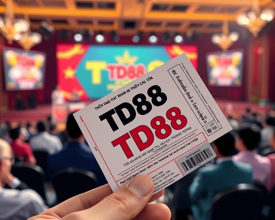 A detailed image of a Vietnamese lottery ticket with the brand name "TD88" displayed prominently. The ticket is held in a person's hand against a blurred background of a lottery draw event, with spectators and a stage visible. The lighting is soft and natural, creating a warm and inviting atmosphere. The angle is slightly angled, giving a sense of depth and perspective. The focus is on the lottery ticket, showcasing its unique design and important details that a winner would need to check to claim their prize.