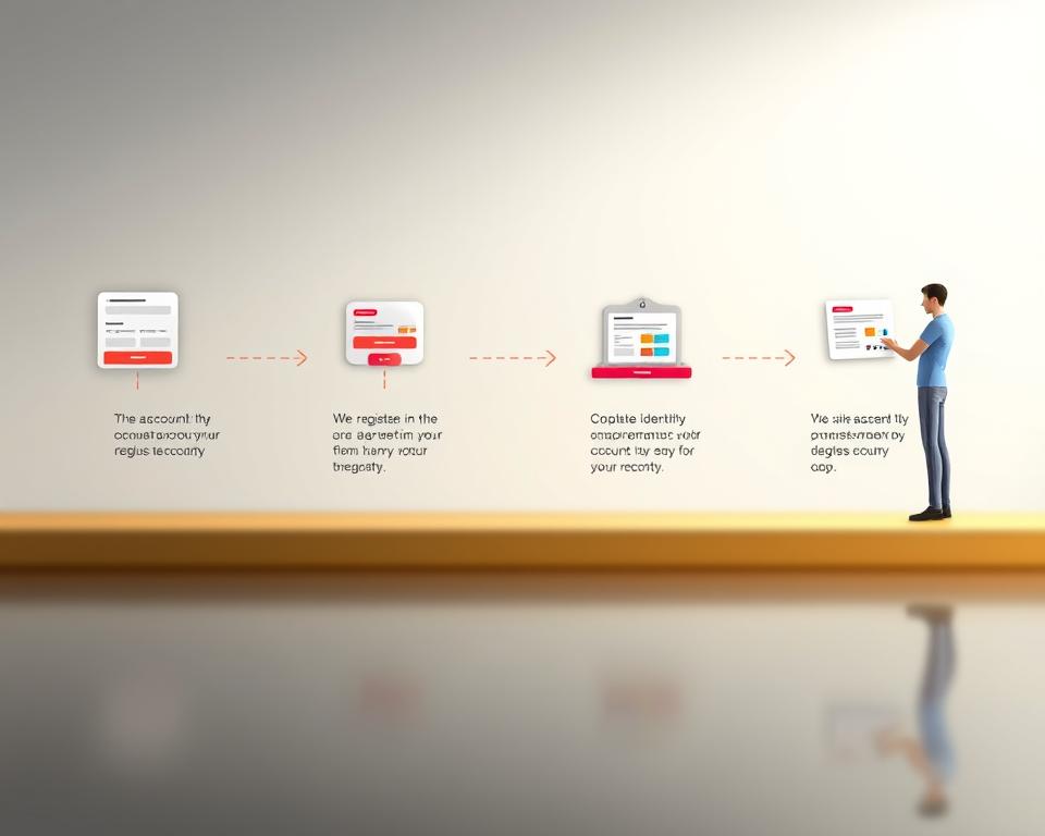 A detailed, step-by-step illustration of the account registration process for the TD88 online gaming platform. A well-lit, high-quality 3D render showcasing the key stages, from initial account creation to completing identity verification. Set against a clean, minimal background with a slight depth of field effect, emphasizing the flow and progression of the registration workflow. Render in a sleek, modern visual style that aligns with the TD88 brand identity.