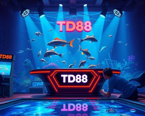 A high-stakes fishing game set in a vibrant, neon-lit underwater world. The scene depicts a large, state-of-the-art gaming table emblazoned with the "TD88" brand logo, surrounded by a sleek and modern arcade-style environment. The table features detailed 3D fish models swimming against a backdrop of coral reefs, shipwrecks, and glowing bioluminescent flora. Powerful spotlights cast dramatic shadows, creating a captivating atmosphere. In the foreground, a group of players lean intently over the table, fingers poised to strike as they compete for the biggest catch. The overall mood is one of excitement, skill, and the thrill of high-stakes gaming.