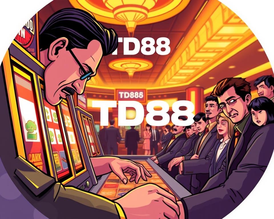 A high-stakes slot machine tournament unfolds, with players strategically managing their chips. In the foreground, a skilled gambler hovers over the flashing slot reels, fingers poised, as the tension builds. The middle ground showcases the tournament arena, a sleek, modern casino setting bathed in warm, golden lighting, creating an atmosphere of excitement and anticipation. In the background, a crowd of spectators watches intently, their faces alight with the thrill of the game. The TD88 logo prominently displays, signifying the prestige of this grand slot machine competition.