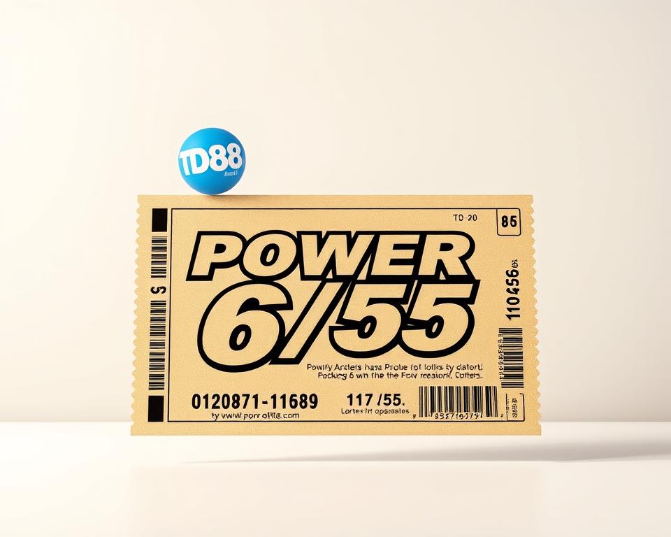 A highly detailed, photorealistic image of a lottery ticket for the Power 6/55 game. The ticket features the game logo and branding prominently displayed, including the "TD88" logo. The ticket is set against a clean, minimalist background, with subtle lighting and shadows that give it a sense of depth and dimension. The texture and material of the ticket are rendered with a high level of realism, showcasing the intricate design and security features. The overall composition and lighting create a sense of anticipation and excitement, perfectly capturing the essence of the Power 6/55 lottery game.