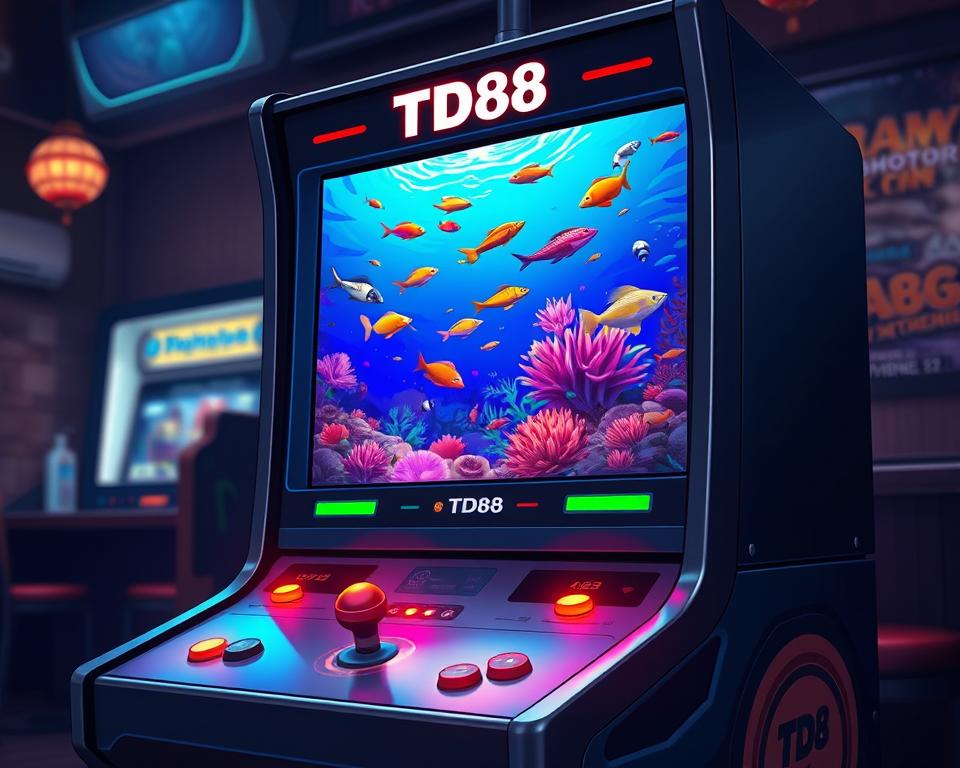 A highly detailed, realistic digital illustration of a classic "máy bắn cá" (arcade-style fish shooting game) machine in a dimly lit gaming parlor. The machine's sleek, metallic exterior is adorned with the bold "TD88" brand name. The screen displays a vibrant underwater scene, teeming with colorful fish and other marine life. Subtle lighting from the machine's buttons and indicators casts a warm, inviting glow across the foreground. In the background, the dimly lit environment suggests a cozy, nostalgic atmosphere, evoking the charm of a traditional gaming hall. The composition emphasizes the machine's tactile controls and the captivating allure of the digital fishing experience.