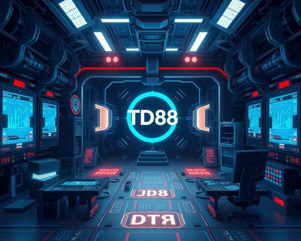 A hyper-realistic, cinematic illustration of the inner workings of a "Cơ chế RTP game bắn cá" system. Set in a dimly lit, high-tech control room, the scene depicts a complex network of glowing holographic interfaces, data streams, and intricate machinery. At the center, a prominent display showcases the TD88 logo, symbolizing the game's advanced RTP mechanics. The overall atmosphere is one of precision, innovation, and technological prowess, reflecting the sophistication of the "Cơ chế RTP game bắn cá" system.