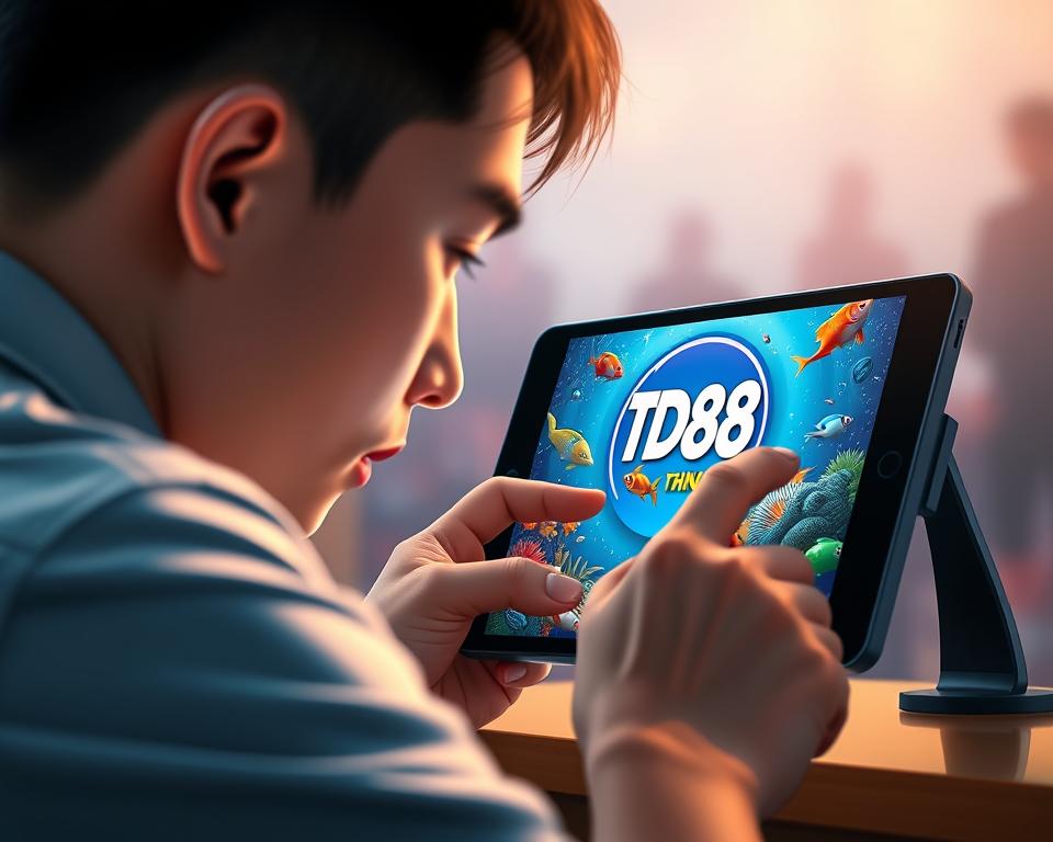 A hyper-realistic scene depicting a person intently playing a live dealer bắn cá (fish shooting) game on a tablet device. The player's face is focused, their fingers deftly manipulating the controls as they strategize to optimize their win rate. The game screen displays the TD88 logo, showcasing crisp, vibrant graphics and a dynamic underwater environment teeming with colorful fish. Soft, diffused lighting illuminates the scene, creating a sense of immersion and engagement. The background is blurred, emphasizing the player's intense concentration on the task at hand. The overall mood conveys the thrill and satisfaction of mastering the live dealer bắn cá experience.