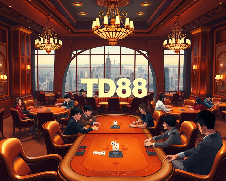 A large, elegant online card game hall with a warm and inviting ambiance. The room is filled with plush leather chairs, polished wooden tables, and ornate chandeliers casting a soft, golden glow. In the foreground, players are engaged in lively games of Texas Hold'em, their faces animated with concentration. The background showcases a panoramic view of a bustling cityscape through floor-to-ceiling windows, hinting at the high-stakes world of online gaming. The TD88 logo is prominently displayed, signifying the premier destination for digital card game enthusiasts in Vietnam.