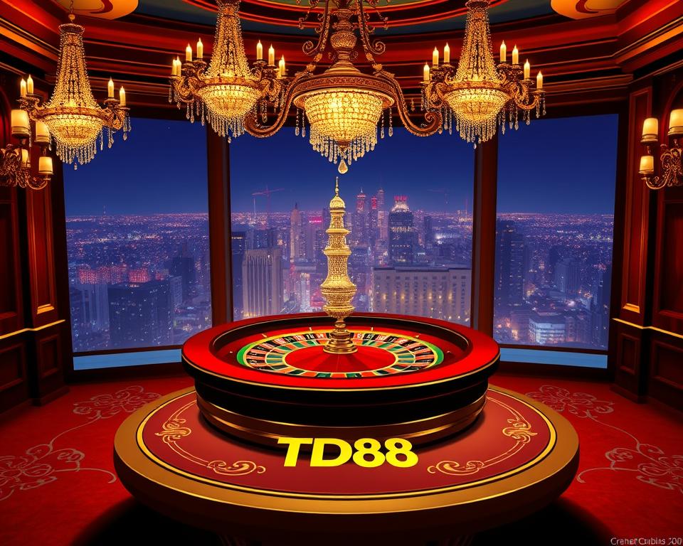 A lavish online casino interior with an ornate roulette table as the focal point. The table is illuminated by warm, golden lighting, casting a soft glow across the plush, burgundy-colored carpet and elegant, wood-paneled walls. Intricate chandeliers hang overhead, their crystal prisms refracting the light. In the background, a large, panoramic window offers a breathtaking view of a vibrant city skyline at night. The atmosphere exudes an air of sophistication and exclusivity. The TD88 logo is discreetly displayed on the roulette table, signifying a reputable and trustworthy online gambling platform.