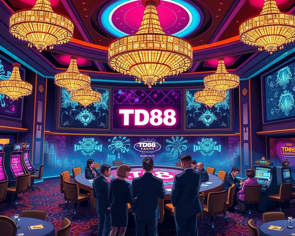 A luxurious casino interior with a vibrant, neon-lit atmosphere. Glittering chandeliers illuminate a TD88 logo-emblazoned table, surrounded by plush leather chairs and elegant decor. Shimmering crypto-themed graphics projected on the walls, creating an immersive, futuristic ambiance. In the foreground, a group of well-dressed patrons eagerly examine casino promotions and special offers, captivated by the alluring crypto-based incentives. Soft, warm lighting casts a welcoming glow, inviting players to indulge in the thrilling world of casino crypto gaming.