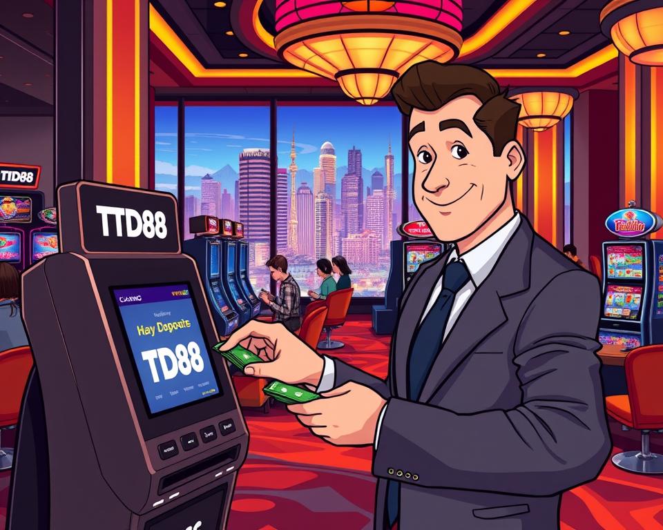 A modern and luxurious casino interior with warm lighting, sleek furnishings, and a high-tech digital interface. In the foreground, a man in a suit confidently deposits cash into a TD88 digital payment terminal, the company's logo prominently displayed. In the middle ground, other patrons engage with slot machines and gaming tables, their faces transfixed by the excitement of the games. The background features large windows overlooking a vibrant city skyline, creating a sense of urban sophistication. The overall scene conveys the seamless and secure experience of depositing and withdrawing funds at this state-of-the-art online casino.