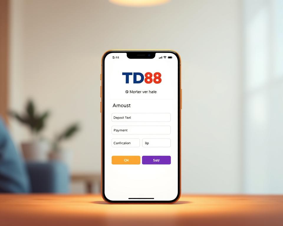 A modern, minimalist digital wallet interface with the TD88 brand prominently displayed. The foreground features a clean, user-friendly deposit screen with input fields for amount, payment method, and confirmation. The middle ground showcases smooth gradients and subtle 3D elements, creating a sense of depth and interactivity. The background blurs out, highlighting the focus on the core deposit functionality. Soft, warm lighting illuminates the scene, conveying a welcoming and trustworthy atmosphere for seamless in-game transaction experiences.