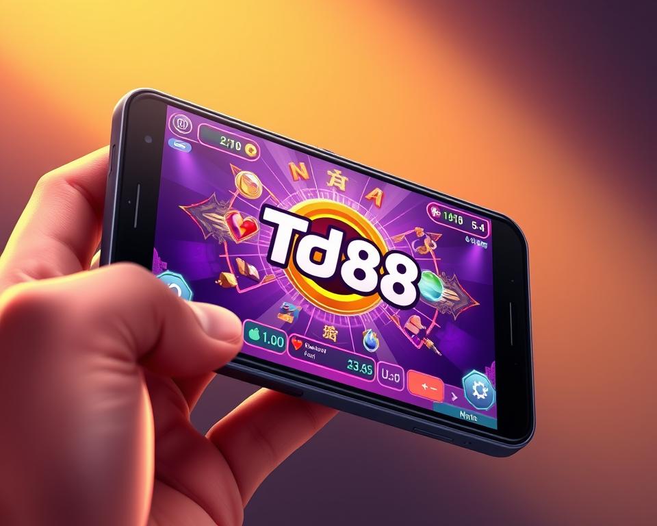 A modern mobile device displaying a vibrant, captivating game interface with the prominent "TD88" brand logo. The screen showcases a dynamic, visually stunning "Nổ hũ" game mechanic in action, with stylized symbols, colorful animations, and a sleek, minimalist design aesthetic. The device is held in a hand, showcasing the portable, on-the-go nature of mobile gaming. Warm, directional lighting from the side creates depth and highlights the detailed textures of the device's surface. The overall mood is one of excitement, engagement, and the thrill of mobile gaming.