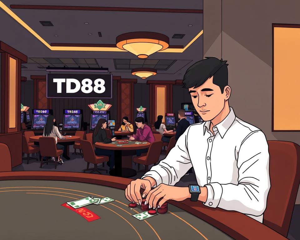 A modern, sleek casino interior with muted tones and minimalist design. In the foreground, a person sitting at a gaming table, intently focused on carefully managing their chips and cash, mindful of their spending. The middle ground features other casino patrons engaged in various games, creating a sense of activity and excitement. In the background, the dim lighting and rich wood accents give the scene a sophisticated, high-stakes atmosphere. The brand "TD88" is subtly incorporated into the environment. An image that conveys the importance of responsible money management when enjoying the thrills of a casino.