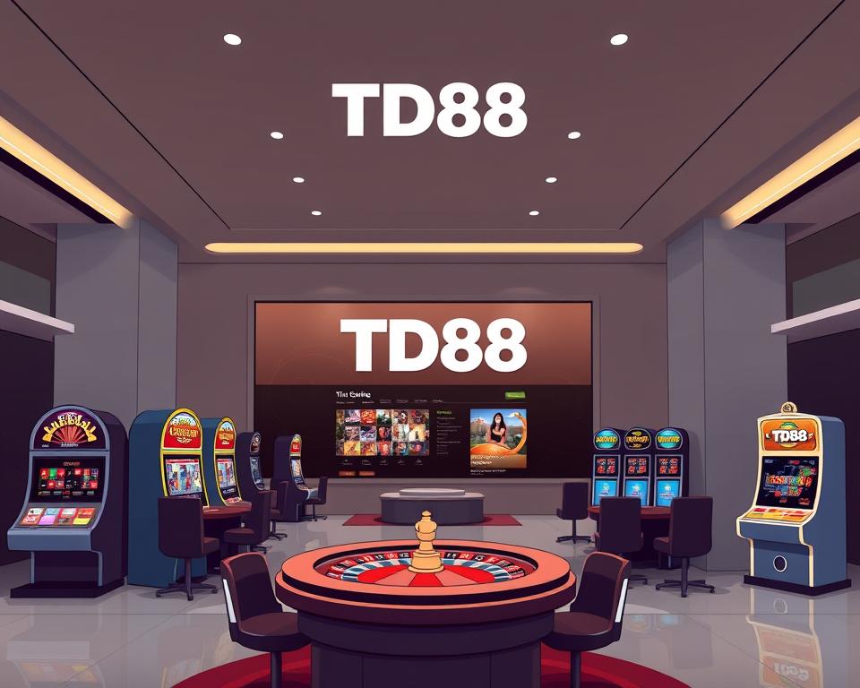 A modern, sleek online casino lobby with the TD88 brand prominently displayed. The scene features a softly lit, minimalist interior with clean lines and subtle textures. In the foreground, a high-quality rendering of various casino games such as roulette, blackjack, and slot machines. The middle ground showcases the elegant, user-friendly interface of the website, inviting players to explore the offerings. The background subtly hints at the Vietnamese setting, with muted tones and abstract patterns suggestive of traditional Vietnamese design elements. The overall atmosphere conveys a sense of trust, sophistication, and an immersive gaming experience.