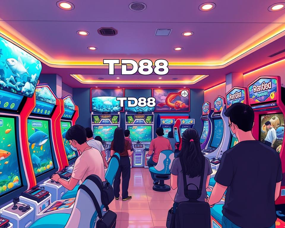 A modern, well-appointed interior of a reputable TD88 gaming arcade, featuring sleek and vibrant aquatic-themed cabinets arranged in a visually appealing layout. The space is bathed in warm, inviting lighting, creating a comfortable and immersive atmosphere for players. In the foreground, a group of customers are engrossed in the thrilling gameplay of the popular fish shooting games, their expressions conveying a sense of excitement and concentration. The middle ground showcases the arcade's sophisticated branding and signage, prominently displaying the TD88 logo and emphasizing the establishment's reliability and trustworthiness. The background reveals a panoramic view of the arcade, showcasing its spacious and well-designed layout, with additional gaming stations and amenities visible, all contributing to the overall impression of a premium and reputable gaming destination.