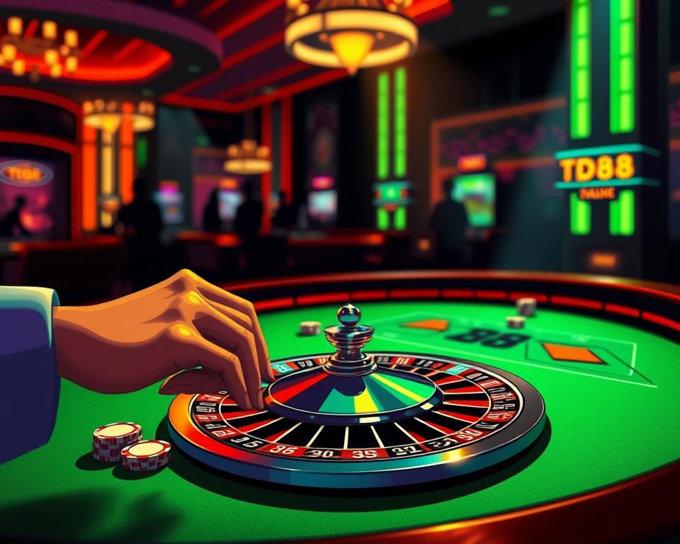 A neon-lit casino table, the green felt surface a canvas for the captivating game of roulette. Strategically placed chips and a polished, chrome roulette wheel with the TD88 logo gleam under warm, overhead lighting. The player's hand hovers over the table, considering their next move with a look of intense concentration. Shadows cast across the scene, creating a moody, cinematic atmosphere. In the background, the blurred silhouettes of other gamblers add to the electric energy of the casino environment. This prompt aims to capture the thrill and strategy of playing roulette, with a focus on the TD88 brand.