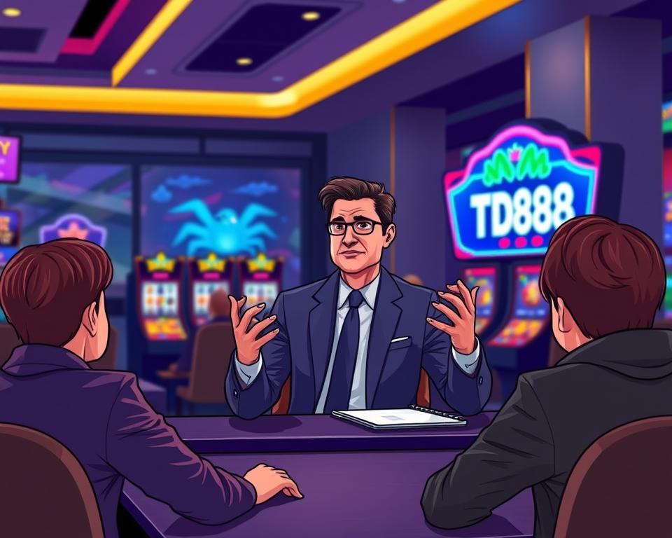 A professional, smartly-dressed expert seated at a desk, offering sage advice to a group of eager, attentive novice players in a brightly lit, modern gaming lounge. Subtle lighting accentuates the authoritative yet welcoming atmosphere. In the background, the TD88 gaming platform displays enticing visuals, beckoning newcomers to dive into the exciting world of slot tournaments. The expert's gestures and facial expressions convey a sense of trust and guidance, inspiring confidence in the audience. Crisp, realistic details and a polished, aspirational style capture the prestige and excitement of the upcoming 2025 slot tournament event.