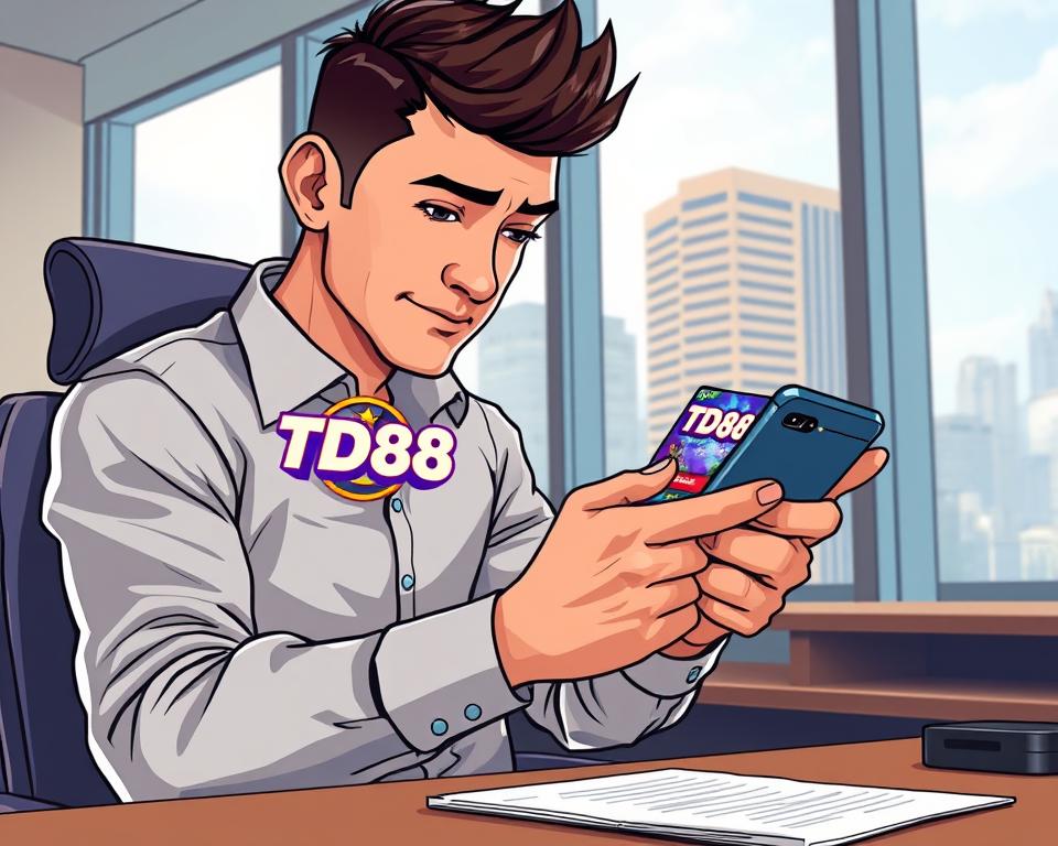 A realistic digital illustration of a person sitting at a desk, intently playing a mobile game on their smartphone. The game display shows the TD88 logo and various in-game elements, with a striking color palette and dynamic UI design. The environment is a well-lit, modern office setting, with a large window overlooking a cityscape in the background. The player's expression conveys a sense of focus and determination, suggesting the potential for real monetary rewards from their gaming activity. The overall mood is one of immersion and excitement, capturing the essence of "playing games to earn real money."