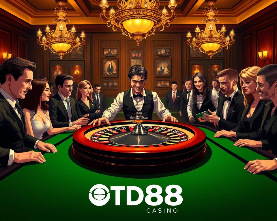 A roulette table in a sophisticated casino, bathed in warm, golden lighting. The green felt surface is pristine, with the classic roulette wheel spinning at the center, its chrome spokes glinting. Around the table, stylishly dressed patrons lean in, their faces alight with anticipation as the ball bounces and settles, determining their fortunes. In the background, a backdrop of rich, dark wood paneling and ornate chandeliers sets the mood of elegant luxury. The dealer, dressed impeccably in a crisp white shirt and black vest, presides over the table with an air of practiced confidence. The scene exudes an atmosphere of high-stakes excitement and exclusivity. TD88 casino logo prominently displayed.