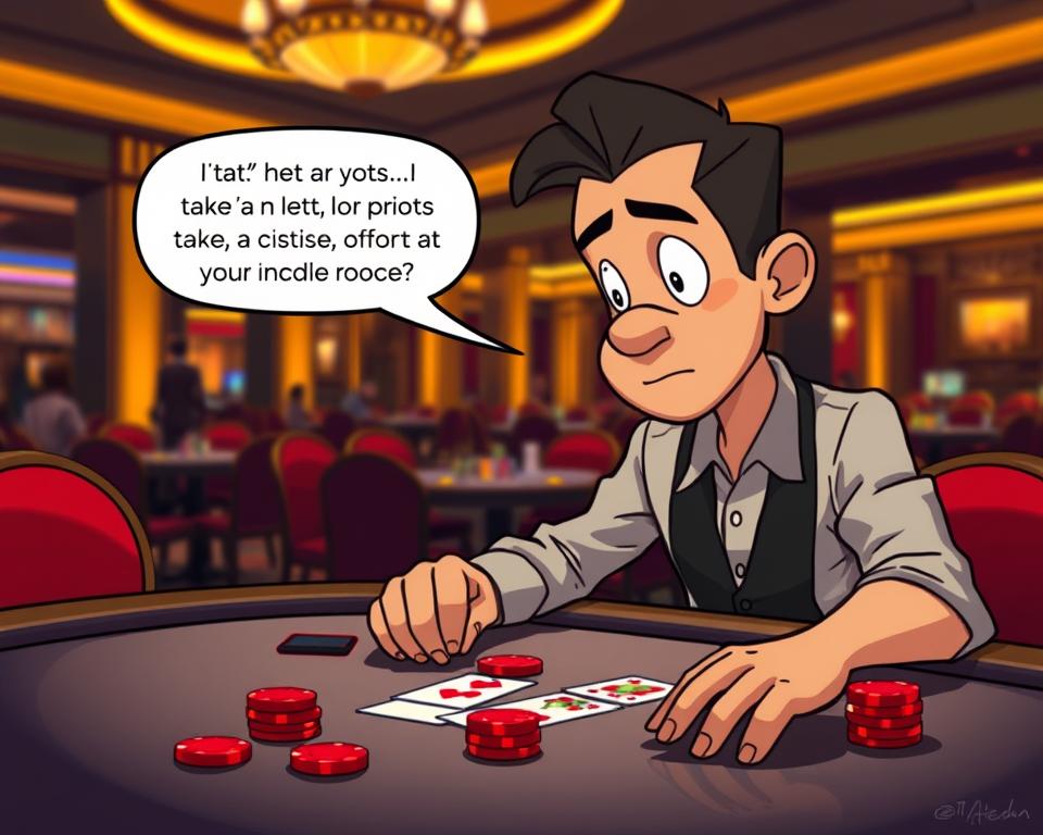 A serene casino setting with a player carefully examining their chips and cards, considering their next move. The table is illuminated by warm, focused lighting, casting dramatic shadows. In the background, the casino's elegant decor and a faint glimpse of other players create a sense of atmosphere. The player's expression conveys thoughtful concentration, as they contemplate the "TD88" casino's rules for taking profits and cutting losses. The image should evoke a sense of strategic decision-making and responsible gaming.