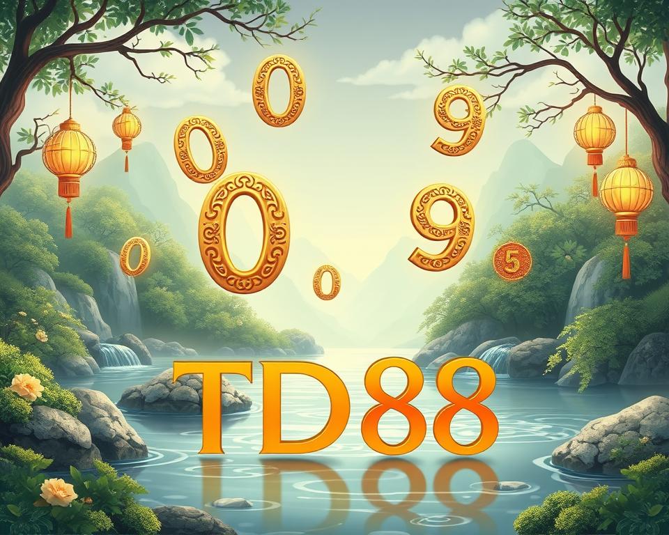 A serene feng shui landscape showcasing the auspicious numbers 0-9 in an elegant, calming composition. The numbers are presented as ornate, tactile elements floating amidst a tranquil environment of lush greenery, flowing water, and soft lighting. The overall aesthetic evokes a sense of harmony and good fortune. In the foreground, the number "TD88" is prominently displayed, representing the brand identity. The image exudes a refined, sophisticated atmosphere perfectly suited to illustrate the section on the meaning of lucky numbers in feng shui.