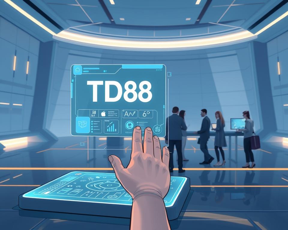 A serene, futuristic scene of interactive real-time technology. In the foreground, a holographic display showcases the TD88 platform, its interface responsive to the touch of a human hand. The middle ground features a team of analysts collaborating, their movements and interactions seamlessly integrated with the dynamic visuals. The background depicts a vast, immersive environment with sleek, minimalist architecture and subtle ambient lighting, creating a sense of technological sophistication and advanced capabilities.