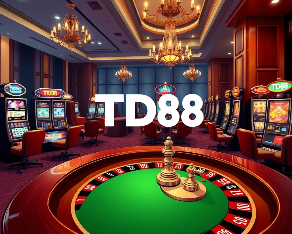 A serene online casino scene with the TD88 brand prominently displayed. In the foreground, a sleek roulette table with polished wooden accents and a green felt surface, inviting players to try their luck. In the middle ground, elegant slot machines with flashing lights and dazzling graphics, hinting at the thrilling gaming experience. The background showcases a sophisticated casino interior, with plush leather chairs, ornate chandeliers, and a subtle ambiance of luxury and excitement. The overall mood is one of sophistication, anticipation, and the promise of potential winnings, perfectly capturing the essence of an online casino experience.