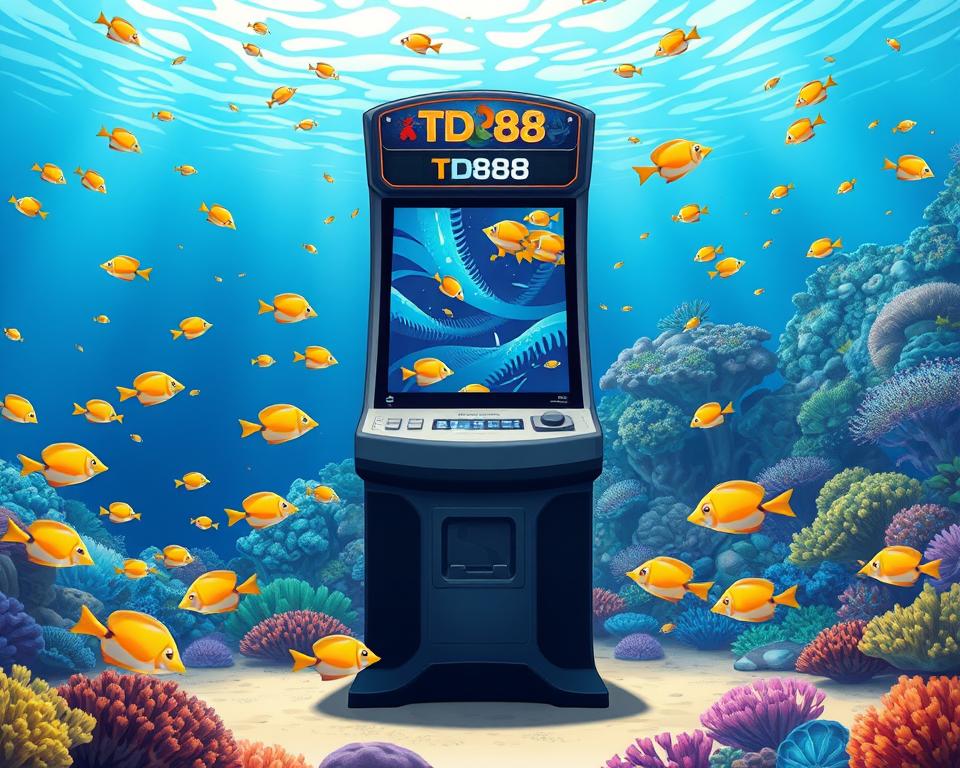 A serene underwater scene, illuminated by the natural light filtering through the water's surface. In the foreground, a vibrant and lively school of tropical fish dart and swirl, their scales glistening. In the middle ground, a sleek and modern-looking gaming machine, branded "TD88", stands as the focal point, its alluring display drawing the viewer's attention. In the background, a stunning coral reef teeming with diverse marine life, creating a sense of depth and tranquility. The overall atmosphere is one of excitement and anticipation, inviting the viewer to imagine the thrilling gameplay and the potential for high-stakes winnings.