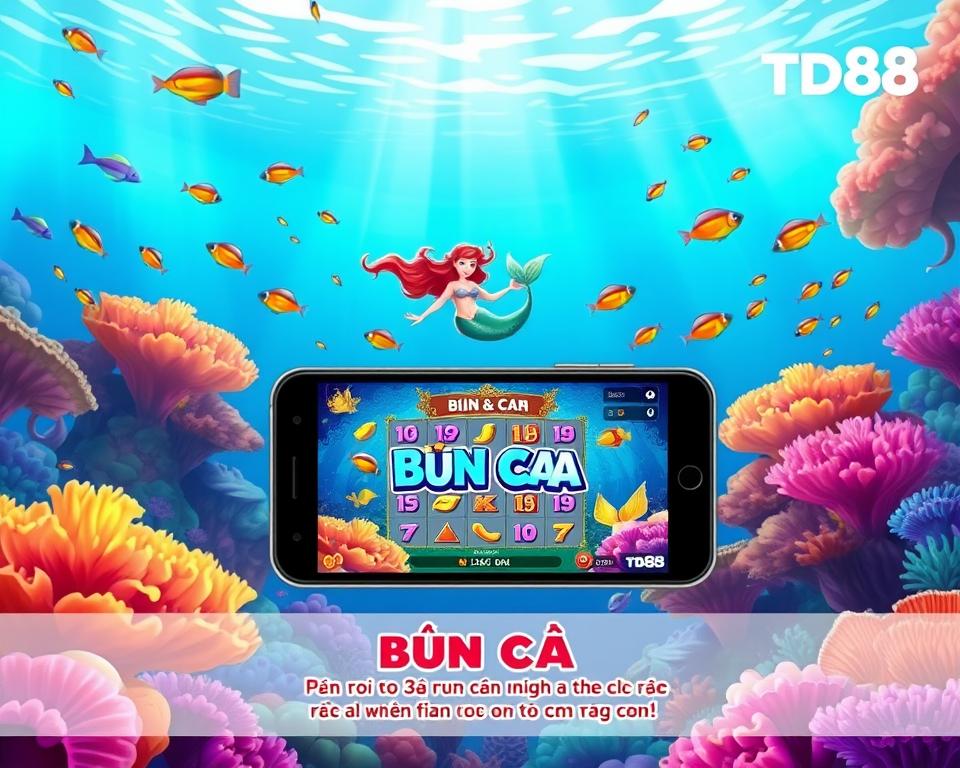 A serene underwater scene, with vibrant coral reefs and schools of tropical fish swimming gracefully. In the foreground, a colorful game of "Bắn Cá" is displayed on a TD88 mobile device, its screen casting a soft glow. The middle ground features a playful mermaid, beckoning players to join the game. The background is a mesmerizing ocean vista, with shafts of sunlight filtering through the water, creating a dreamlike atmosphere. The image conveys the allure of the "Bắn Cá" game and its promotional offers, seamlessly integrated into the tranquil marine environment.