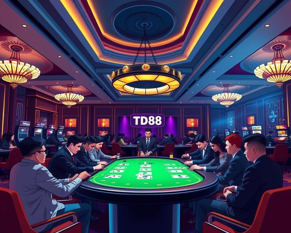 A sleek and modern casino interior, dimly lit with warm lighting, showcasing a vibrant TD88 game table at the center. The table is surrounded by well-dressed players engrossed in an exciting new card game, their faces filled with concentration and anticipation. The background features a luxurious, high-ceilinged space with ornate chandeliers and elegant decor, creating an atmosphere of exclusivity and sophistication. The scene conveys the energy and allure of the latest popular card game experience at the largest gaming hall in Vietnam.