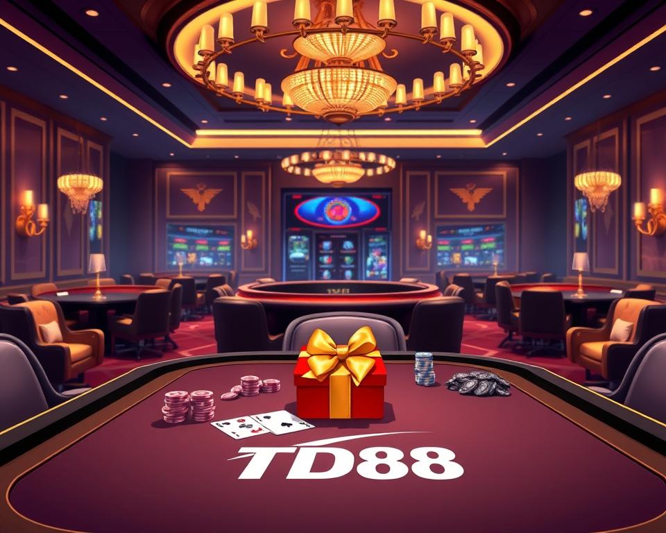 A sleek and modern-looking casino gaming table, adorned with the TD88 logo, sits prominently in the foreground. On the table, an assortment of casino chips, playing cards, and a welcome gift box wrapped in a shimmering bow are neatly arranged, inviting new players to engage. The background features a sophisticated casino interior, with plush seating, ornate chandeliers, and a warm, inviting ambiance. The lighting is soft and directional, creating a sense of elegance and excitement. The overall scene conveys a welcoming and rewarding experience for new casino players, reflecting the "Khuyến mãi casino 2025 dành cho người chơi mới" section.