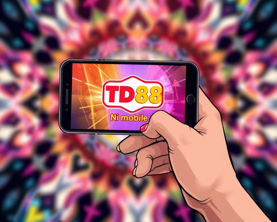 A sleek and modern mobile phone screen displays the TD88 logo, showcasing the vibrant and engaging interface of the "Nổ hũ mobile" game. In the foreground, a hand holding the device is visible, highlighting the interactive and immersive nature of the mobile gaming experience. The background features a blurred, abstract pattern of shapes and colors, creating a sense of depth and sophistication. The overall composition conveys the excitement and thrill of playing "Nổ hũ mobile" on-the-go, with a focus on the seamless integration of technology and gaming.