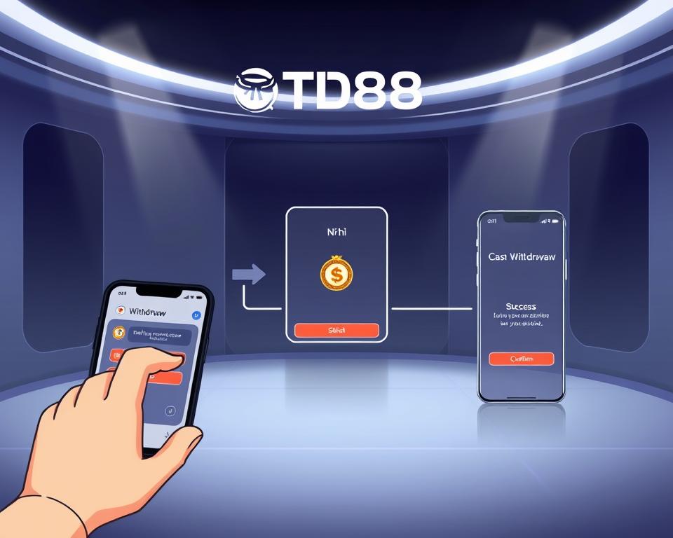 A sleek, modern UI display showcasing the seamless cash withdrawal process from a nổ hũ (slot machine) game. In the foreground, a hand interacts with a mobile device, navigating through a clean, intuitive interface with clear icons and buttons. The middle ground depicts the various steps of the withdrawal workflow - selecting the desired amount, confirming the transaction, and a success confirmation screen. In the background, a minimalist environment with geometric patterns and subtle lighting creates a sense of technological sophistication. The overall atmosphere conveys efficiency, reliability, and a user-friendly experience. The brand name "TD88" is prominently displayed, reflecting the platform's credibility and trustworthiness.