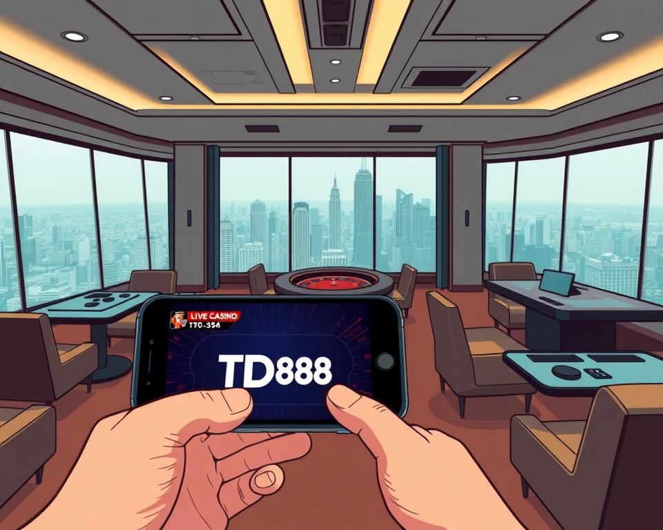 A sleek, modern casino interior with a focus on mobile gaming. The scene features a minimalist design with clean lines, muted colors, and sophisticated lighting. In the foreground, a high-end mobile device with the TD88 logo prominently displayed, showcasing a live casino game in progress. The middle ground includes plush leather seating, glass-topped tables, and discreet control panels, creating an immersive and luxurious atmosphere. The background depicts a panoramic view of a bustling city skyline, hinting at the global reach and accessibility of the online casino experience. The overall mood is one of elegance, technology, and the thrill of high-stakes gaming on the go.