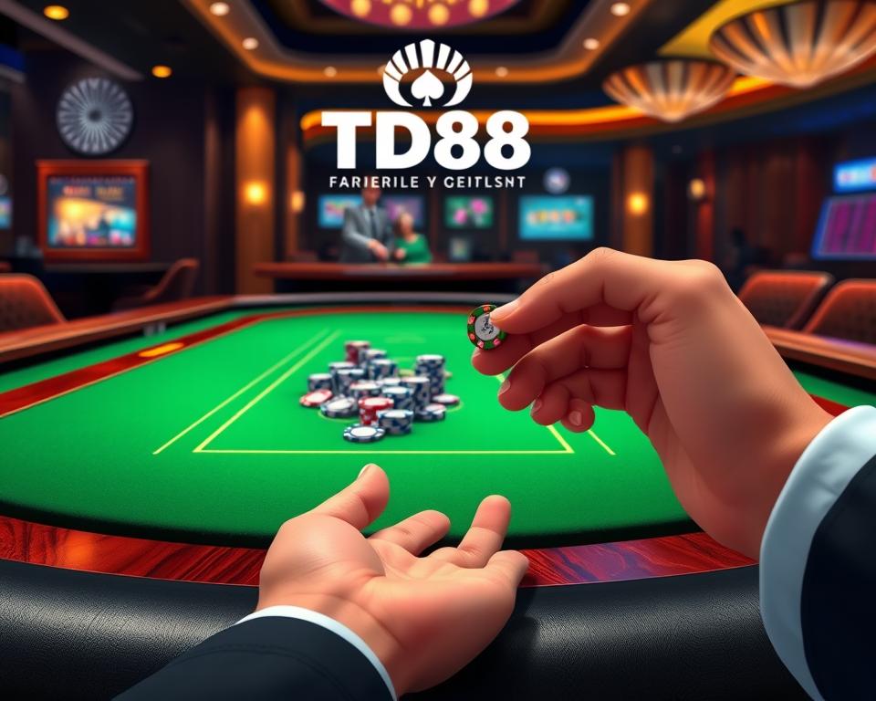 A sleek, modern casino table with a green felt surface, surrounded by polished wooden accents. In the center, a stack of poker chips in various denominations, arranged in an eye-catching display. The lighting is soft and warm, creating a sophisticated ambiance. In the foreground, a well-manicured hand holds a single casino chip, poised to make a strategic bet. The background features a blurred, hazy view of the casino, with the TD88 logo subtly incorporated into the scene, lending an air of exclusivity and refinement.