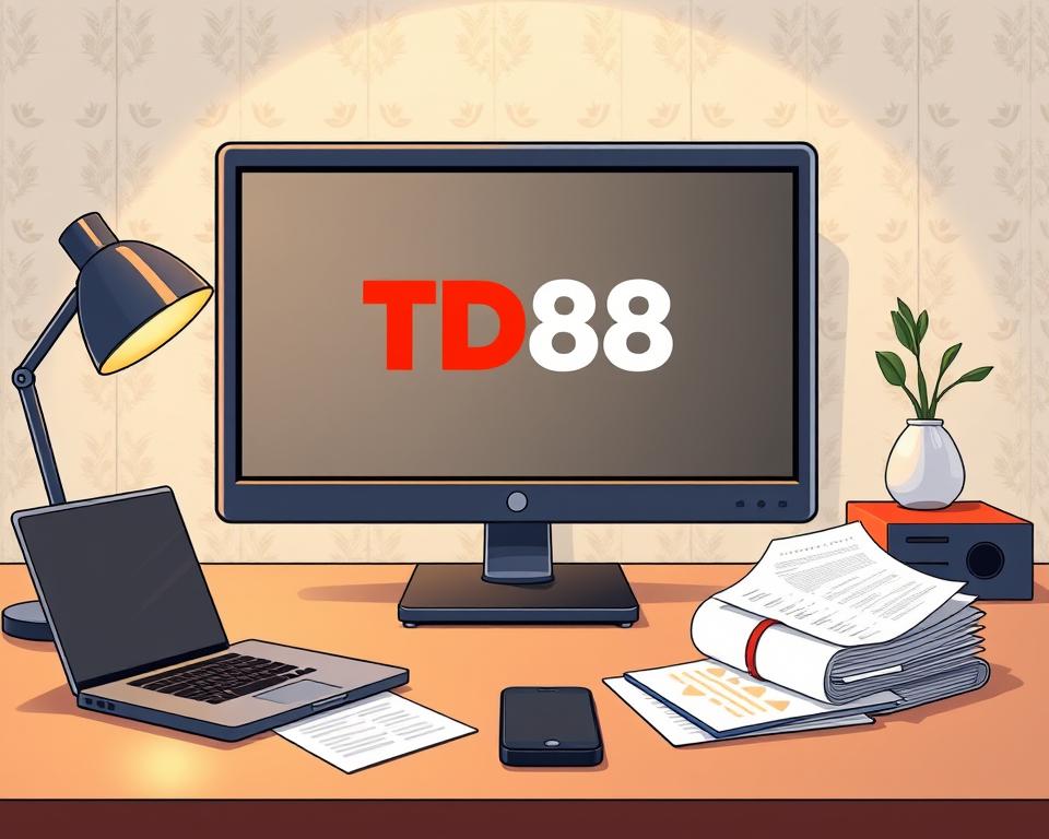 A sleek, modern office desk with a laptop, smartphone, and financial documents neatly arranged. On the screen, the TD88 logo is prominently displayed, representing a leading online gaming platform. The lighting is soft and warm, creating a professional and focused atmosphere. In the background, subtle wallpaper patterns and minimalist decor elements contribute to the overall sophisticated ambiance, conveying the idea of responsible financial management while engaging in online gaming.