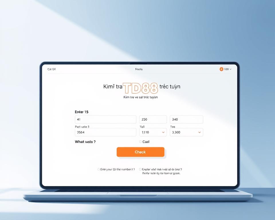 A sleek, modern web interface with a clean, minimalist design. In the center, a prominent section titled "Kiểm tra vé số trực tuyến" with the TD88 brand logo prominently displayed. The interface features input fields for users to enter their lottery ticket numbers, with clear instructions and a large "Check" button. The background is a soft, calming gradient of blues and grays, creating a sense of trust and reliability. The lighting is natural and diffused, giving the scene a warm, inviting atmosphere. The camera angle is slightly elevated, allowing the user interface to take center stage and appear authoritative and trustworthy.