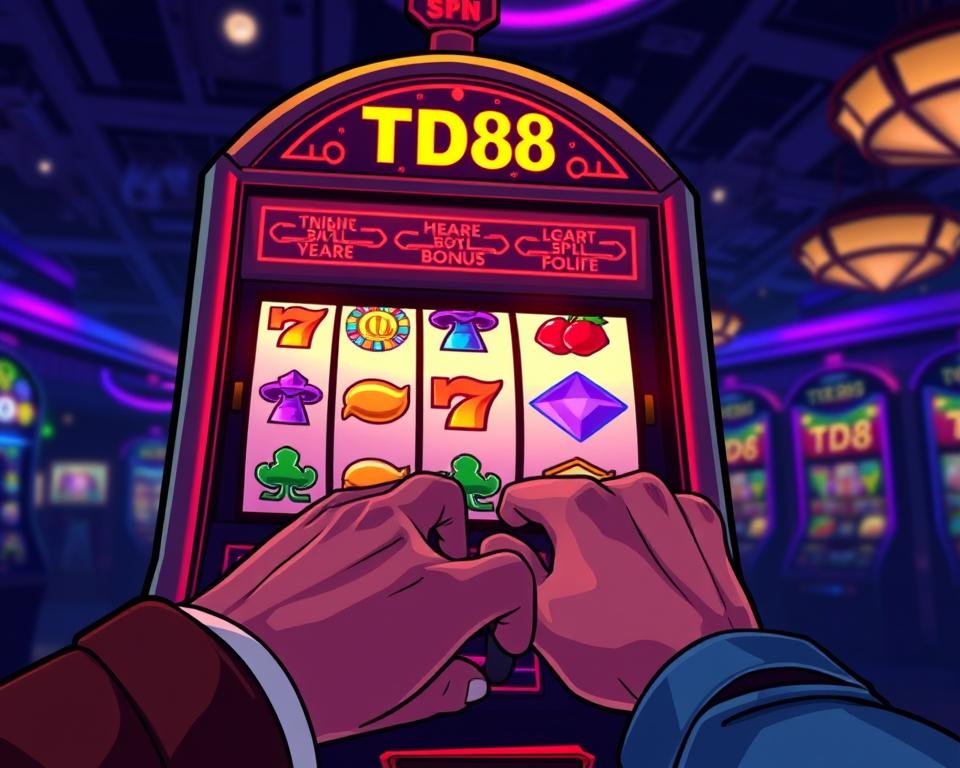 A slot machine against a dimly lit casino backdrop, its reels aglow with vibrant, hypnotic symbols. The machine's exterior is emblazoned with the TD88 brand, hinting at the allure of its potential rewards. In the foreground, a player's hands grip the lever, anticipation etched on their face as they prepare to spin the reels, seeking the elusive jackpot. Soft, dramatic lighting casts dramatic shadows, creating an atmosphere of excitement and possibility. The scene conveys the thrill of casino gaming and the strategic pursuit of maximizing bonus opportunities.