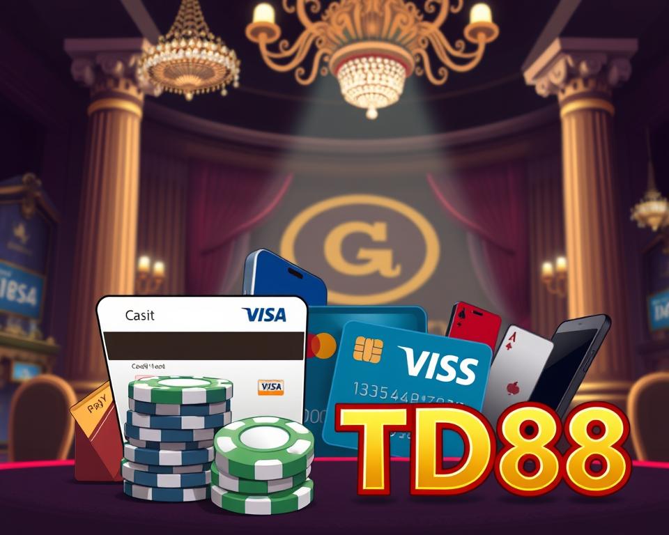 A stylized illustration of various popular casino payment methods, including credit cards, e-wallets, and mobile payment platforms. The scene is set in a dimly lit, opulent casino environment with elegant details like ornate columns, lush draperies, and a glittering chandelier overhead. In the foreground, a stack of casino chips and a shiny gold TD88 logo are prominently displayed, conveying the premium and secure nature of the casino's payment options. The overall mood is one of luxury, exclusivity, and financial sophistication.