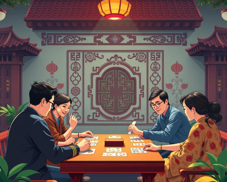 A vibrant and authentic display of traditional Vietnamese card games, captured in a digital realm. A serene and inviting tableau set against a backdrop of ornate, traditional Vietnamese architectural elements. In the foreground, a group of players engage in a lively game of "TD88", a classic Vietnamese card game, their faces animated with concentration and camaraderie. The middle ground features intricate patterns and motifs, evoking the rich cultural heritage of Vietnam. The lighting is soft and natural, casting a warm glow over the scene, conveying a sense of timelessness and tranquility. The overall composition strikes a balance between the timeless charm of the games and the modern digital medium, showcasing the enduring appeal of these beloved Vietnamese pastimes.