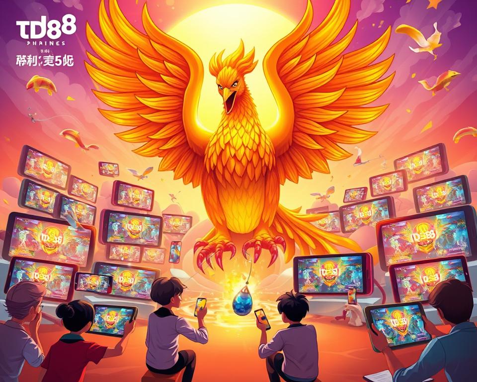 A vibrant and captivating scene of the "Bắn cá Phượng Hoàng" (Phoenix Fishing) experience across multiple platforms. In the foreground, a larger-than-life, majestic phoenix statue takes center stage, its feathers shimmering with a mesmerizing golden glow. In the middle ground, players engage in the thrilling gameplay, their faces alight with excitement as they reel in their catches. The background showcases a diverse array of gaming devices, from sleek smartphones to cutting-edge tablets, all emblazoned with the iconic TD88 brand, reflecting the cross-platform accessibility of this immersive fishing adventure. The scene is bathed in a warm, inviting lighting, creating a sense of energy and immersion, perfectly capturing the essence of the "Bắn cá Phượng Hoàng" experience.