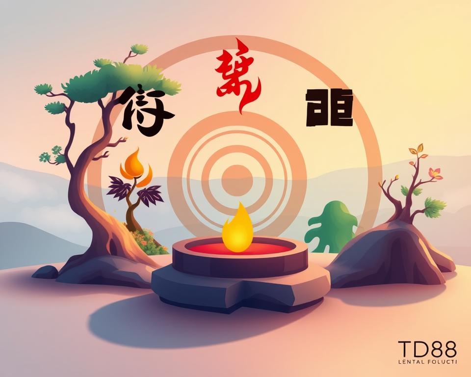 A vibrant and harmonious scene of the five elements - wood, fire, earth, metal, and water - represented by stylized symbols and shapes. In the foreground, a central arrangement of the five elements, with each one signified by its corresponding number and color. In the middle ground, a series of concentric circles or rings, symbolizing the interconnectedness and balance of the elements. In the background, a soft, ethereal landscape with a hazy, dreamlike quality, hinting at the mystical and philosophical nature of the subject matter. The overall mood is one of serenity, contemplation, and a sense of the timeless wisdom of traditional Chinese philosophy. The image is created with a sophisticated, digital art style, and bears the discreet logo "TD88" in the lower right corner.