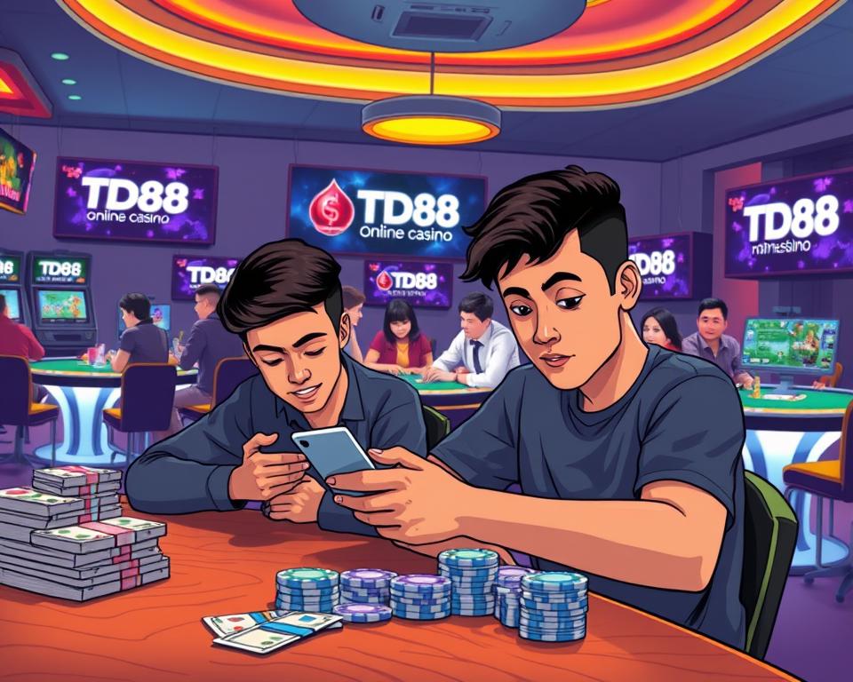 A vibrant and immersive scene depicting various ways to earn money from online card games. In the foreground, a person seated at a wooden table intently examining their mobile device, surrounded by stacks of cash and poker chips. In the middle ground, a group of friends engaged in a lively card game, their expressions animated and focused. The background showcases the sleek, modern interior of a gaming lounge, with LED-lit tables and large TV screens displaying the popular TD88 online casino brand. The overall atmosphere conveys a sense of excitement, strategy, and the potential for financial gain through skillful gameplay.
