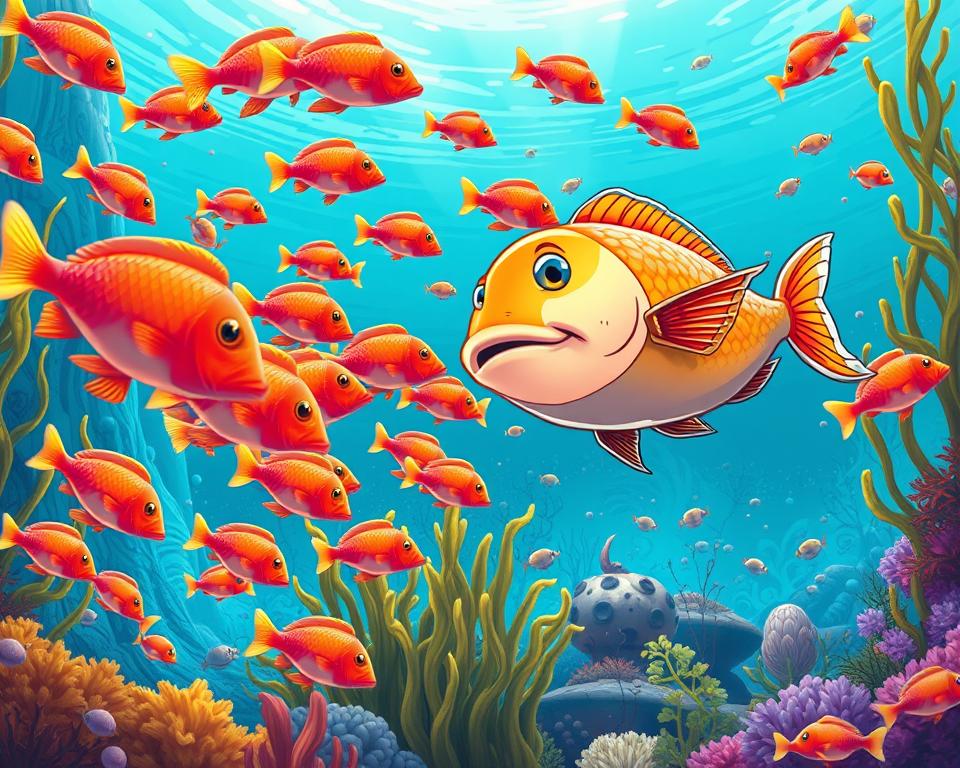 A vibrant and immersive underwater scene featuring the popular fishing game "TD88". In the foreground, a school of brightly colored fish swims gracefully, their scales glistening under the warm, diffused lighting. The middle ground showcases the interactive gameplay, with a large, cartoon-style fish being targeted by the player's cursor, ready to be caught. In the background, a lush, underwater environment filled with kelp, coral, and other marine life creates a captivating, serene atmosphere. The overall scene conveys the engaging, relaxing, and visually striking nature of the "trò chơi bắn cá" experience.