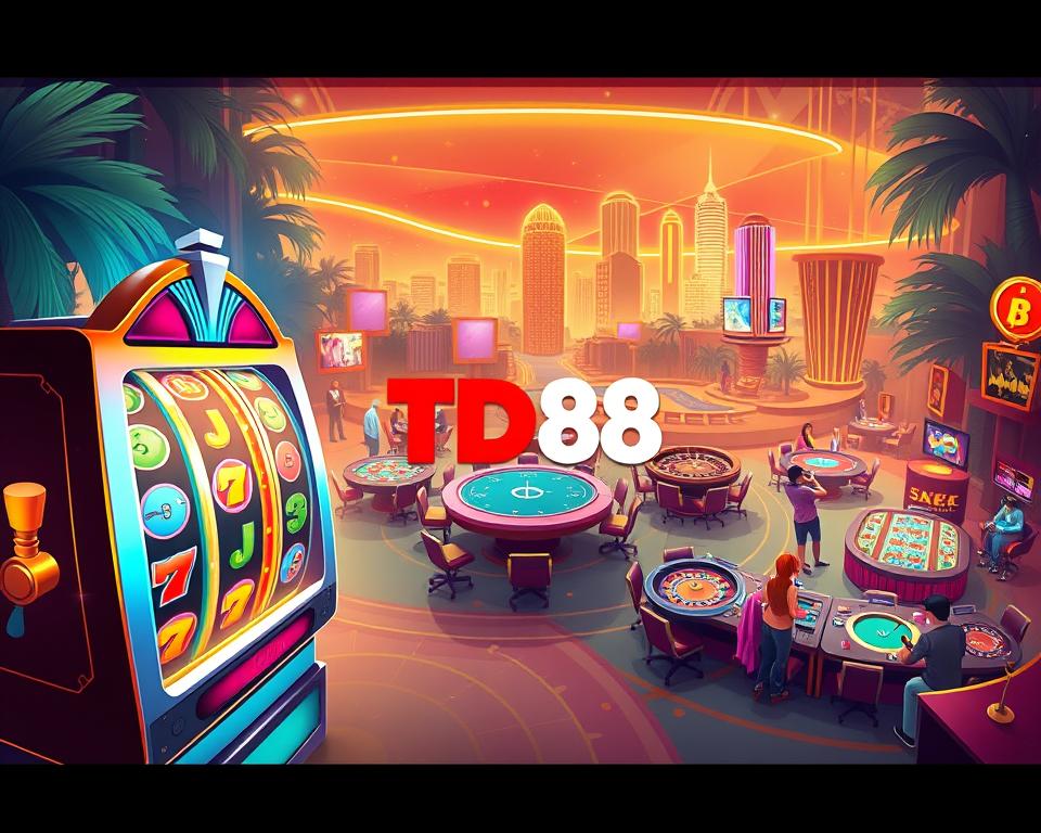 A vibrant, immersive game scene featuring the iconic "Trò chơi nổ hũ" experience. In the foreground, a larger-than-life slot machine with gleaming reels and flashing lights beckons players to spin and win. The middle ground showcases a bustling casino environment, with stylized card tables, roulette wheels, and patrons engrossed in the thrill of the games. In the background, a lush, neon-lit cityscape sets the stage, creating a captivating atmosphere of excitement and anticipation. The scene is bathed in a warm, golden light, enhancing the sense of opulence and indulgence. The brand name "TD88" is prominently displayed, reflecting the high-quality, reliable gaming experience.